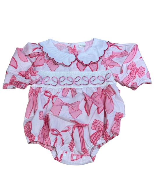 Pink Collared Bow Embroidered Romper