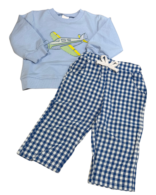 Blue Airplane Seersucker Pant Set