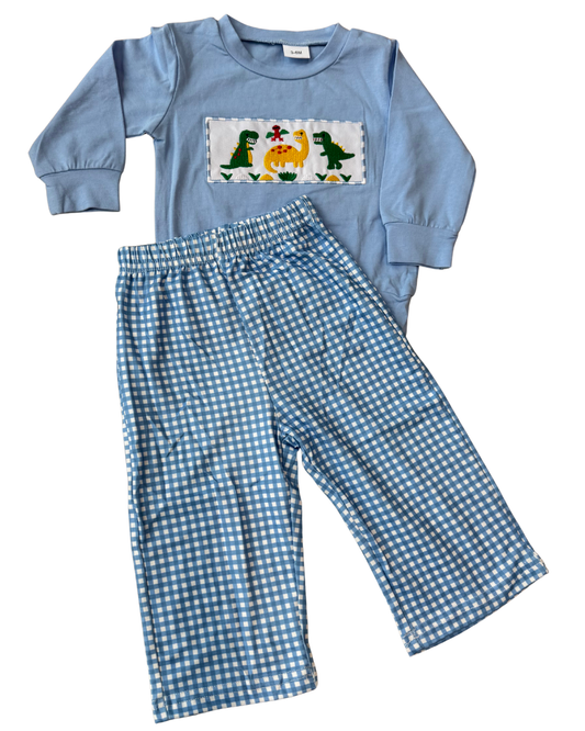 Blue Dino Gingham Pant Set