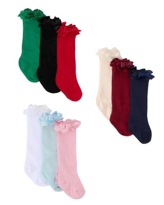 3-Pack Lace Ruffle Bow Knee High Socks
