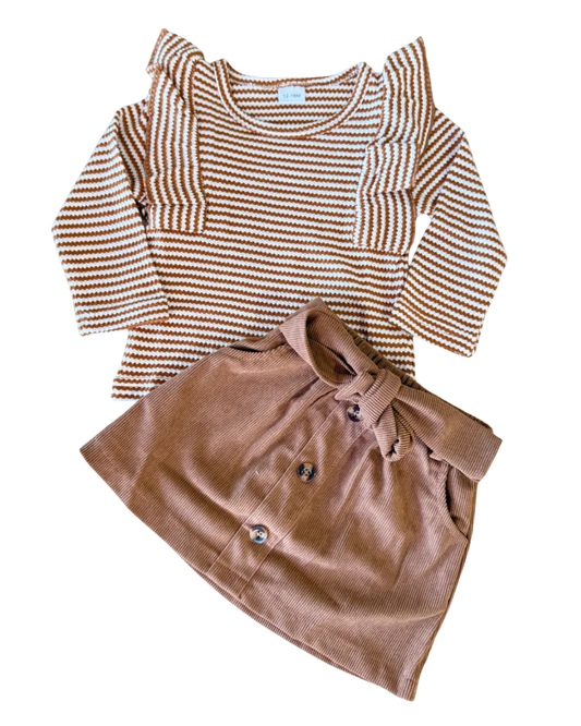 Corduroy Skirt Striped Ruffle Set
