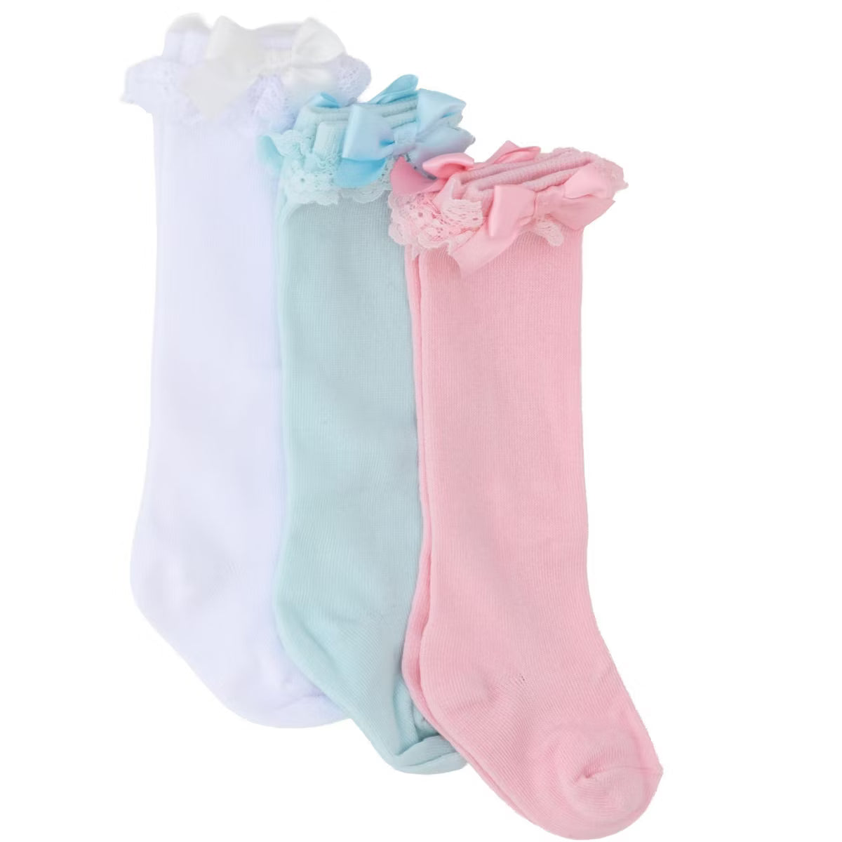 3-Pack Lace Ruffle Bow Knee High Socks