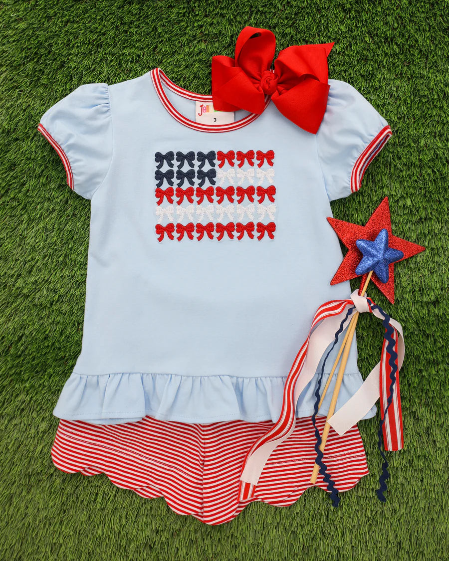 Red, White, and Bows Scallop Shorts Set