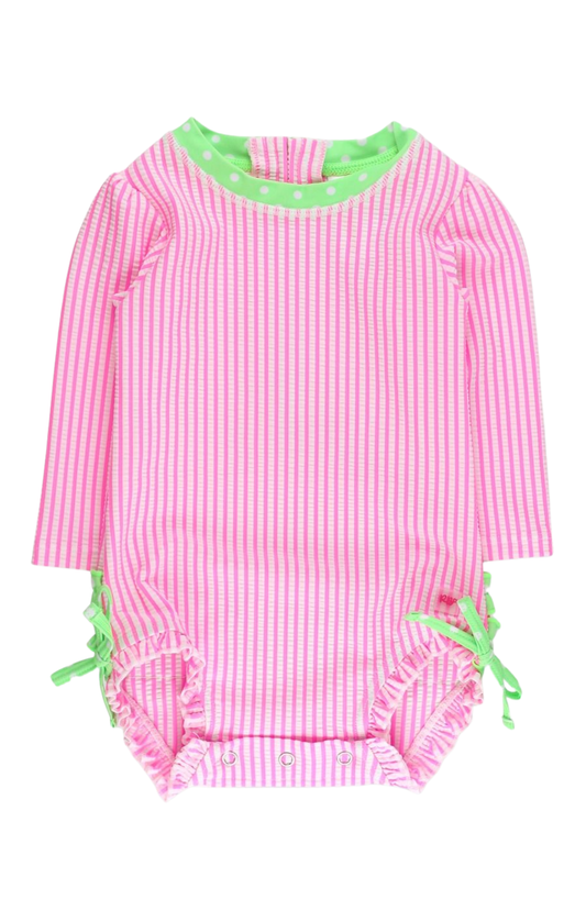 Neon Pink Seersucker One Piece W/ Rash Guard