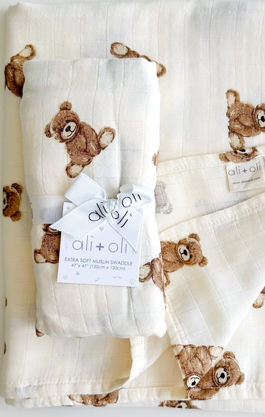 Bamboo Muslin Teddy Bear Swaddle Blanket