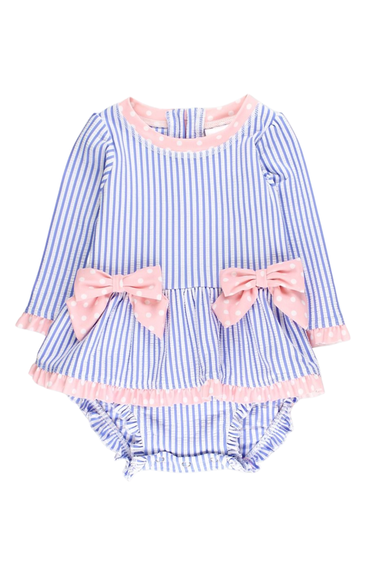 Periwinkle Blue Seersucker One Piece Bow W/ Rash Guard W/Signature Rear Ruffle