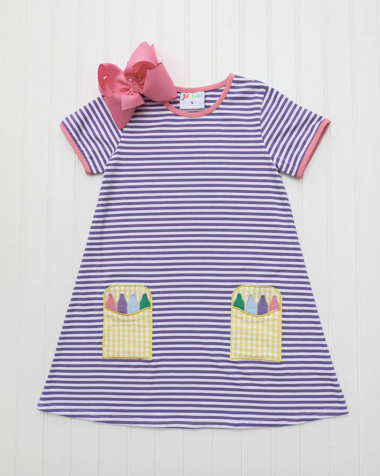 Crayon Pocket Dress - Lavender Stripes