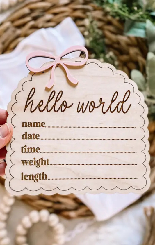 Hello World Birth Stat Sign - Dainty Bow - Terracotta