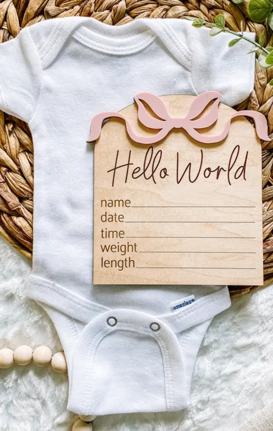 Hello World Birth Stat Sign - Bows - Terracotta
