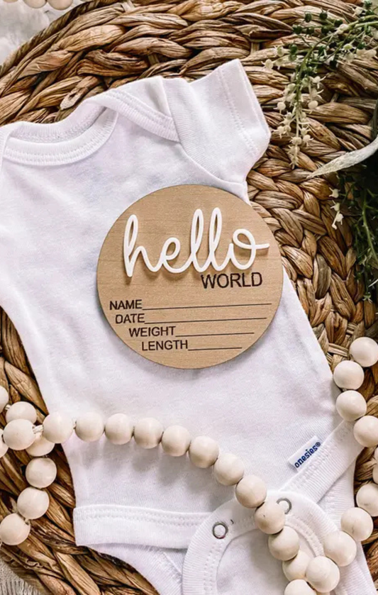 Hello World Birth Stat Announcement Wood Disc - Layered 3D - White