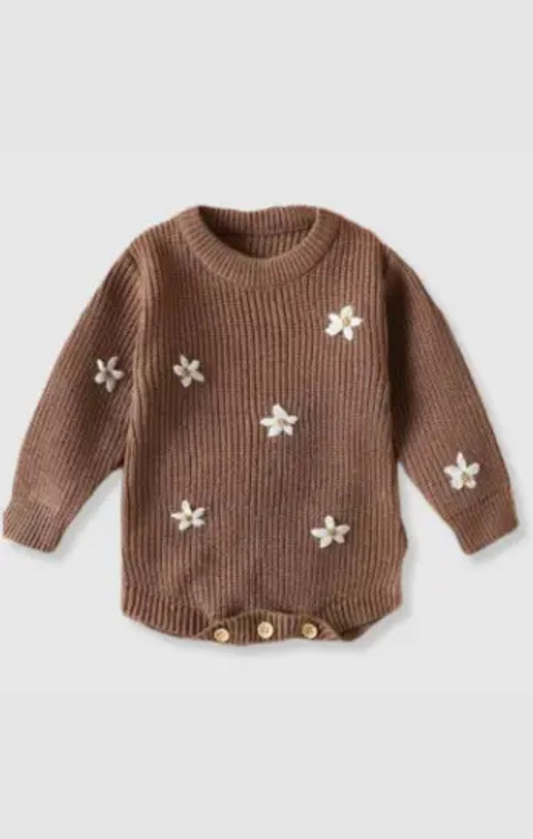 Flower Embroidered Knit Sweater Onesie
