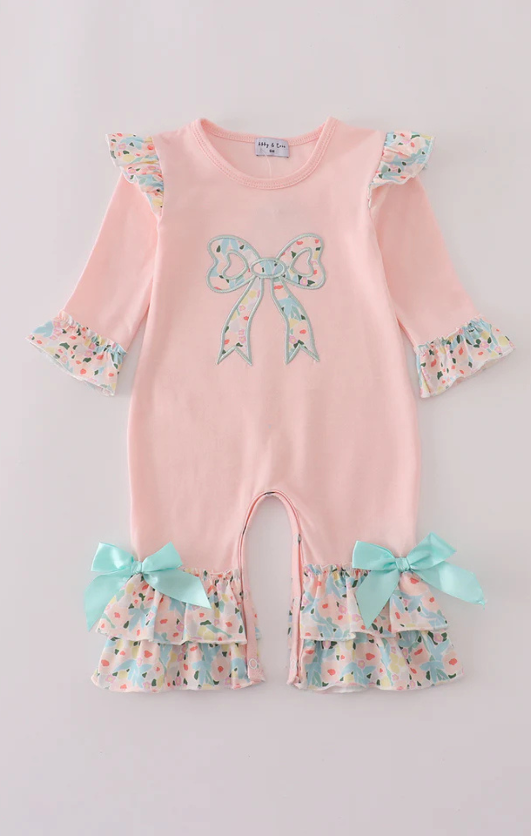Pink Floral Print Bow Applique Ruffle Romper