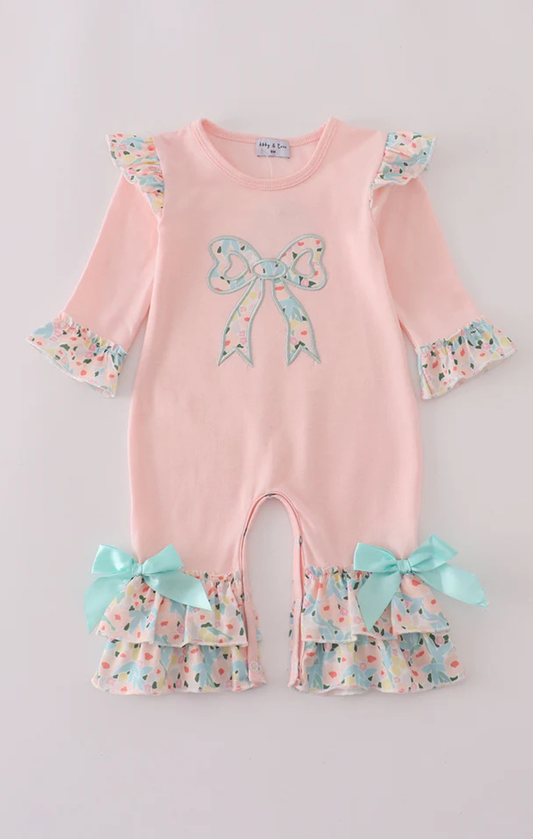 Pink Floral Print Bow Applique Ruffle Romper