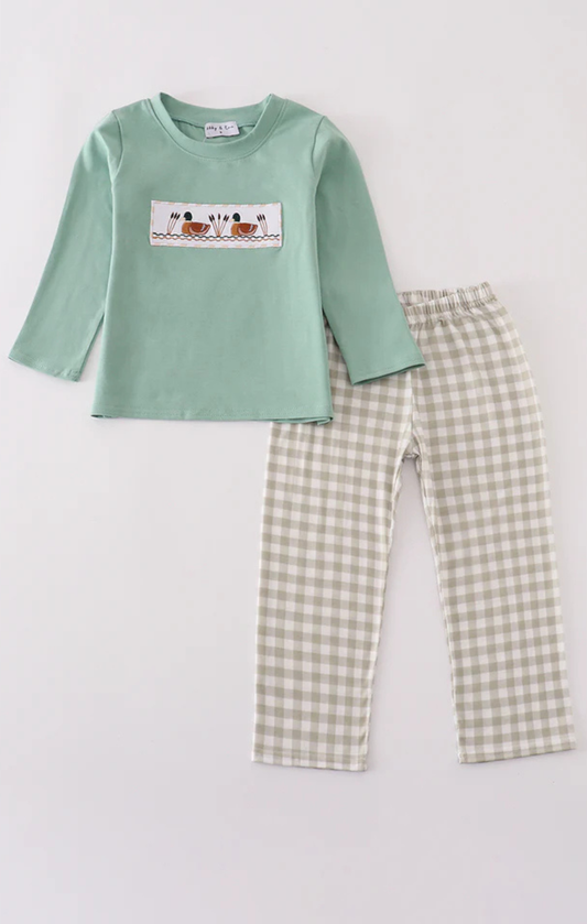 Green Duck Embroidery Pants Set