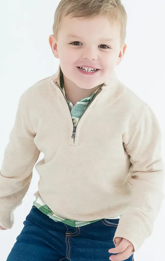 Boys Heather Oatmeal Quarter-Zip Sweater