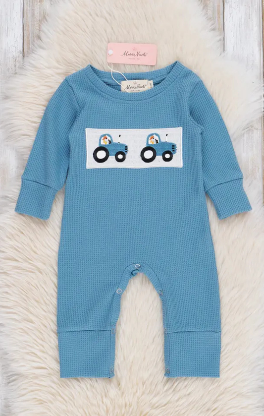 Blue Smocked Tractors Romper