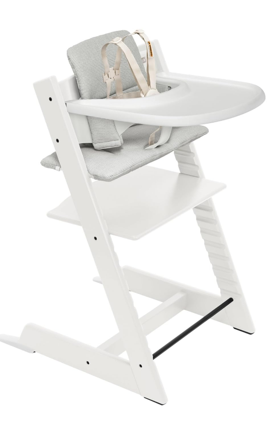 Stokke Tripp Trapp White High Chair with Nordic Grey Cushion and Tray