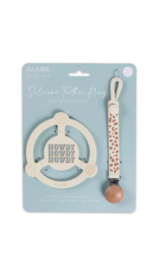 Silicone Teether Ring W/ Clip - Howdy Partner Blu