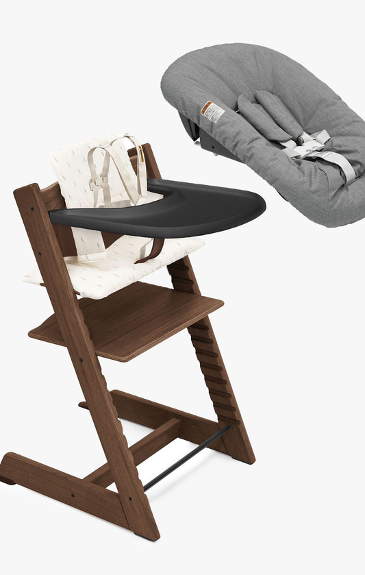 Stokke Oak Warm Brown Tripp Trapp High Chair Newborn with Wheat Cushion and Tray