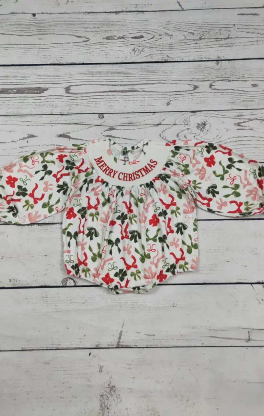 Merry Christmas Smocked Bow Baby Bubble
