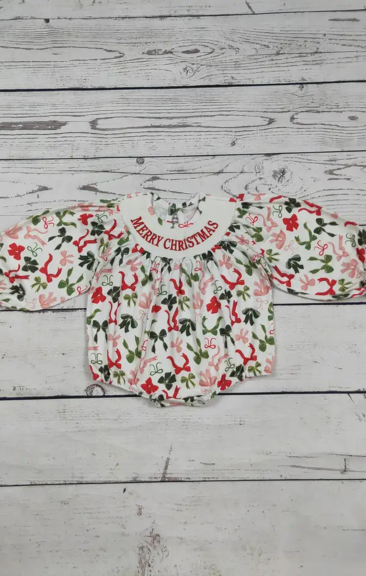 Merry Christmas Smocked Bow Baby Bubble