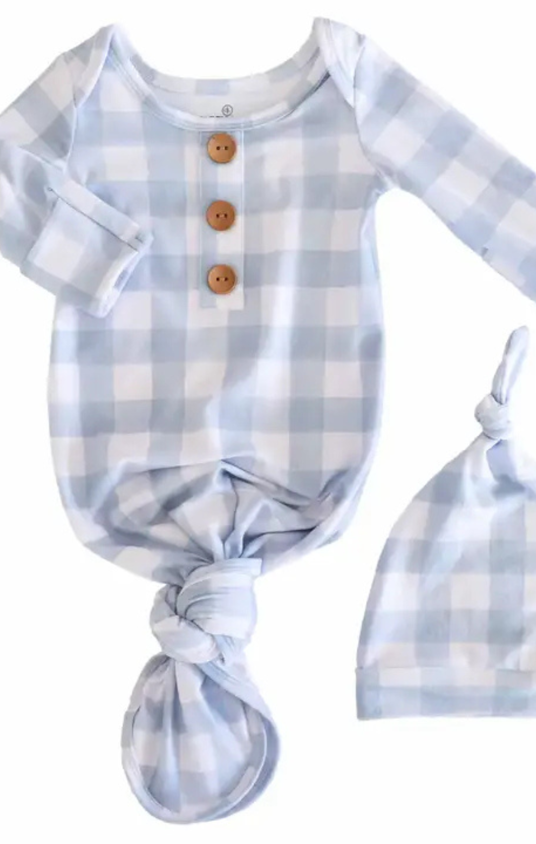Dusty Blue Gingham Newborn Baby Knot Gown & Hat
