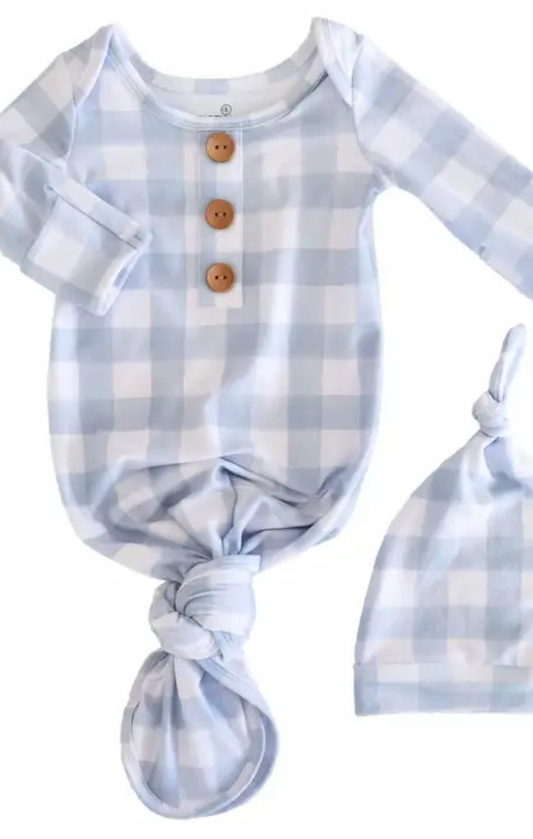 Dusty Blue Gingham Newborn Baby Knot Gown & Hat