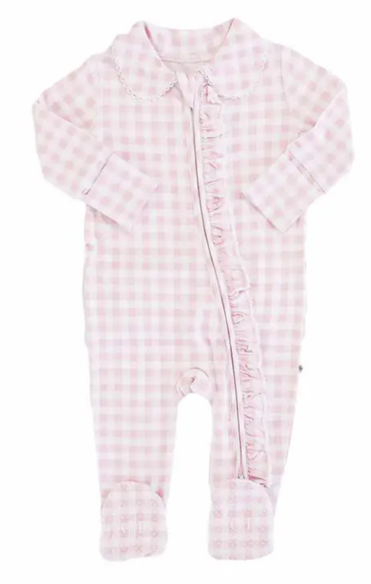 Peter Pan Rosy Gingham Collar Ruffle Zipper Footie