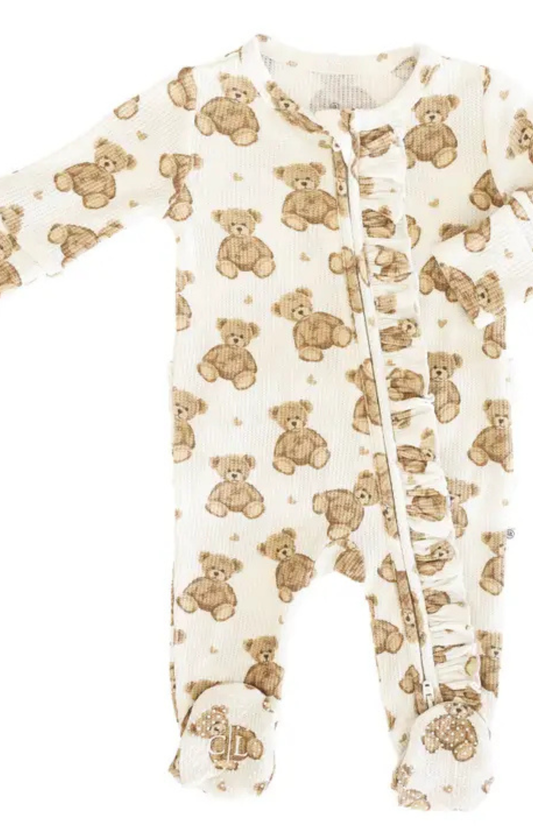 Beary Sweet  Bamboo Waffle Zipper Ruffle Footie