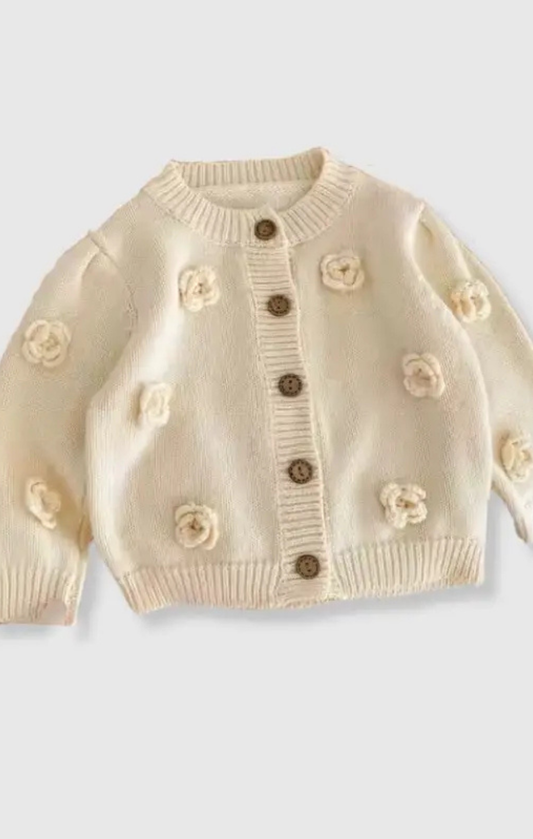 100% Cotton Cream Knit Sweater Cardigan With Floral Detail