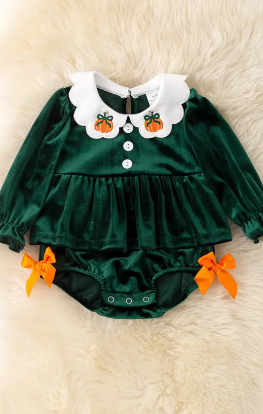 Fall Green Velvety Baby Onesie With Embroidered Details