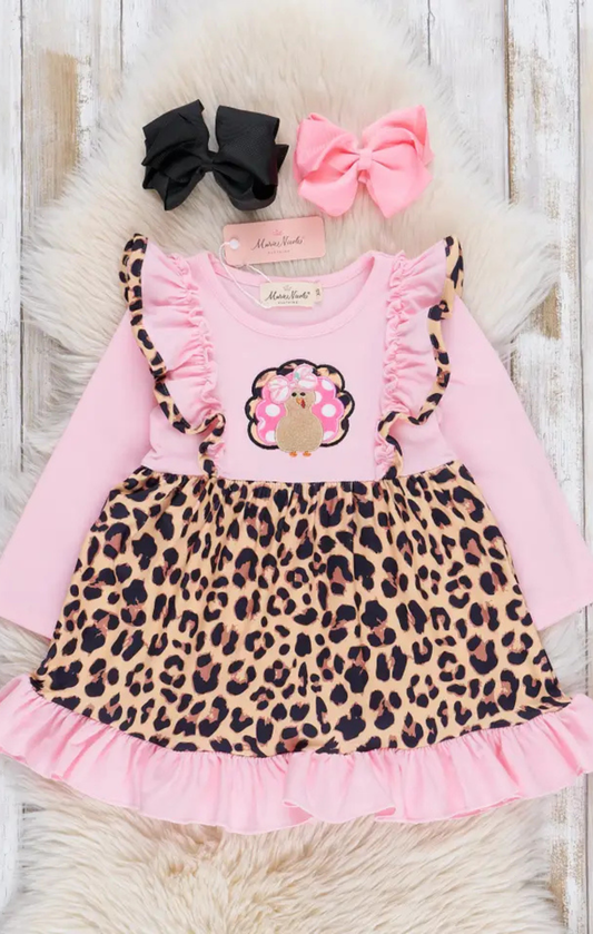 Pink Leopard Turkey Ruffle Dress