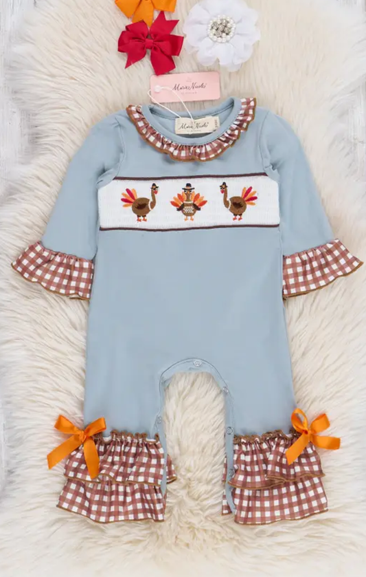 Gingham Smocked Turkeys Ruffle Romper