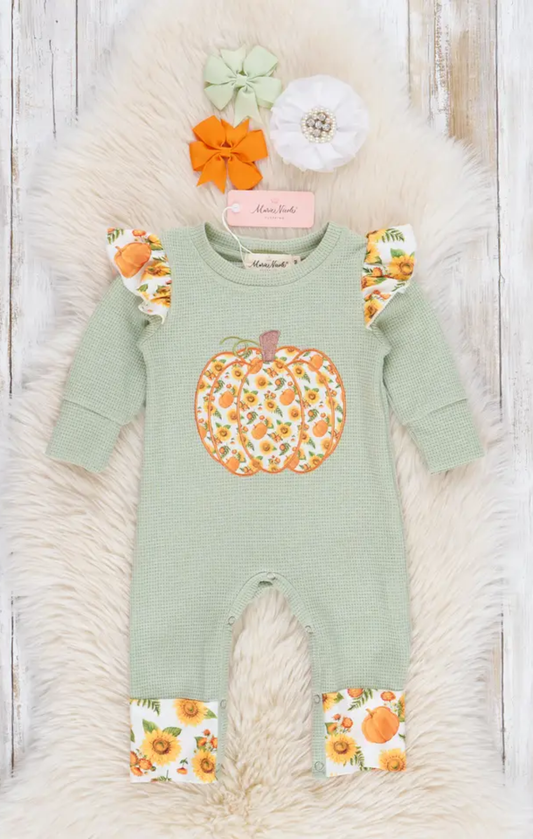 Sage Floral Pumpkin Ruffle Romper