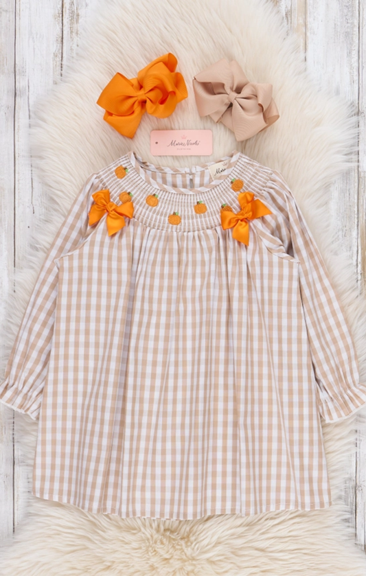 Embroidered Pumpkin Gingham Smocked Dress