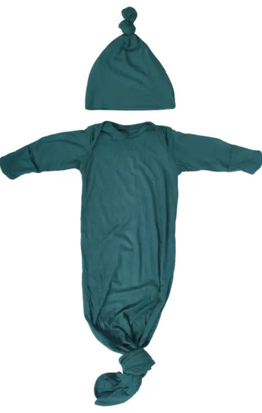 Forest Green Ribbed Knotted Newborn Gown and Hat