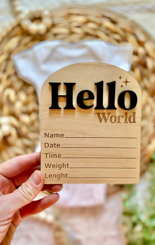 Hello World Birth Stat Sign - Arched - Black