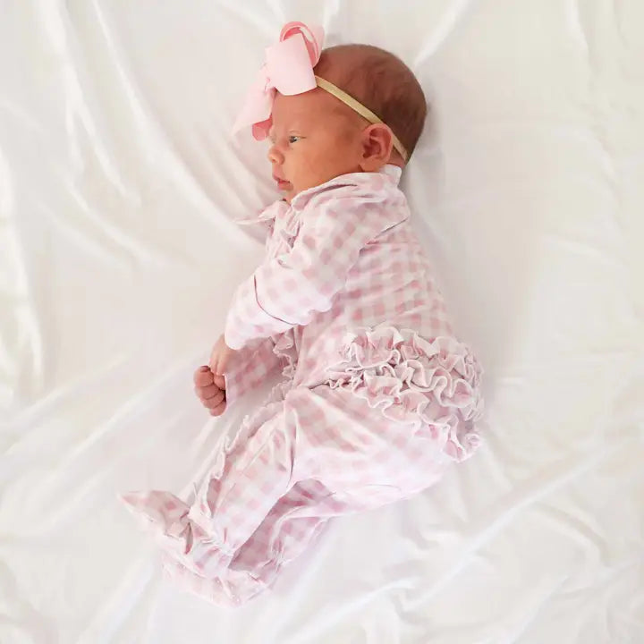 Rosy Gingham Peter Pan Ruffle Zipper Footie