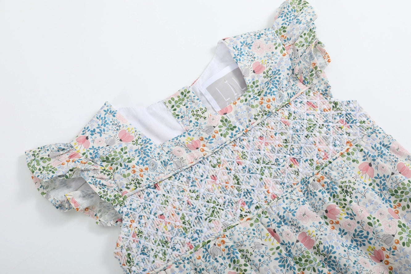 Pink Floral Print Smocked Romper