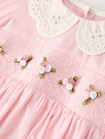 Load image into Gallery viewer, Pink Smocked Girl Bubble Romper Peter Pan Collar Floral Detail
