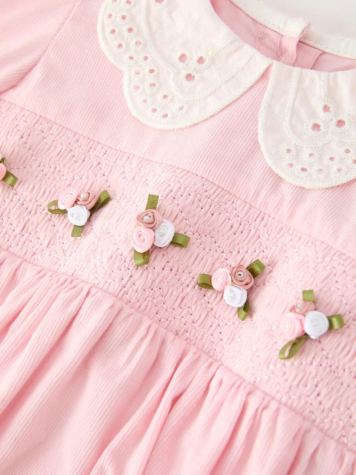 Pink Smocked Girl Bubble Romper Peter Pan Collar Floral Detail