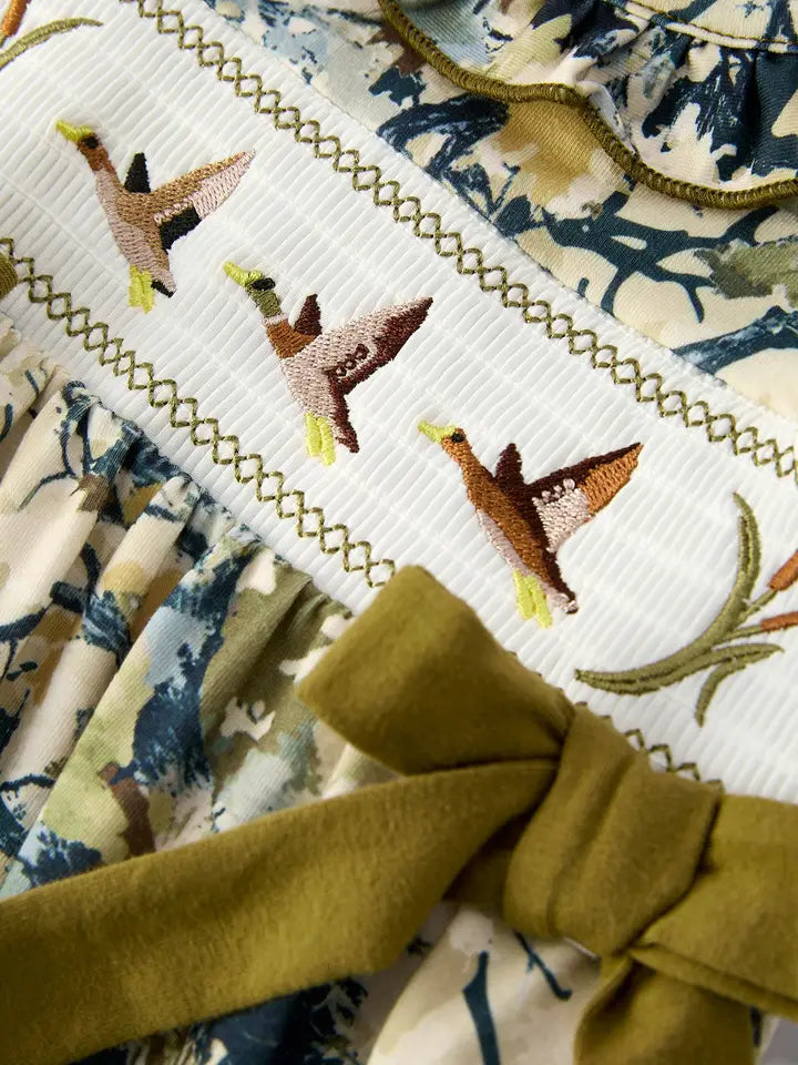 Duck Smocking Embroidery Camo Romper
