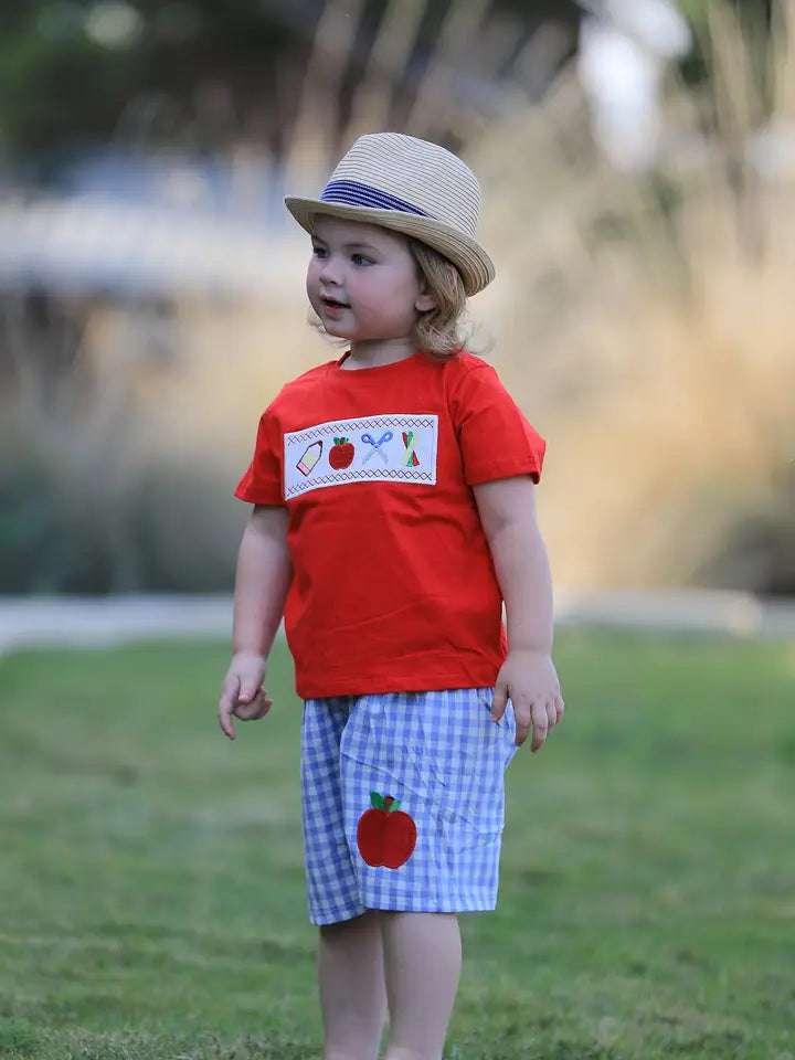 Pencil Apple Applique Plaid Shorts Set