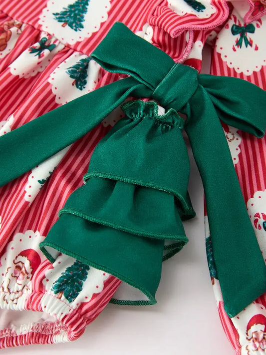 Santa Print Ruffle With Bows Baby Girl Romper