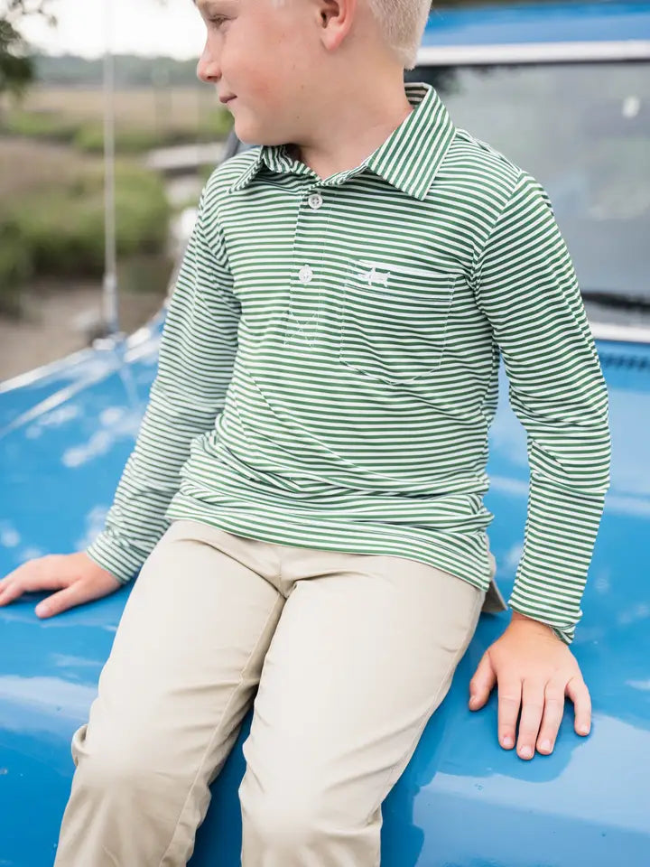 Inshore Boys Green Stripe Performance Polo