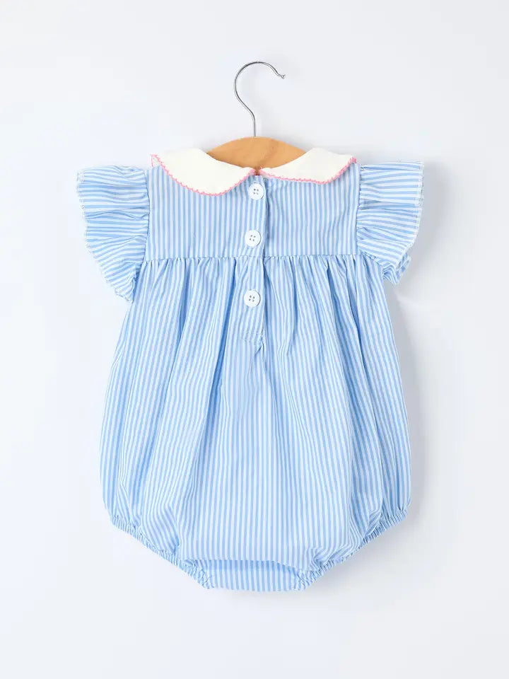 Blue Stripe Petal Peter Pan Collar Bow Romper