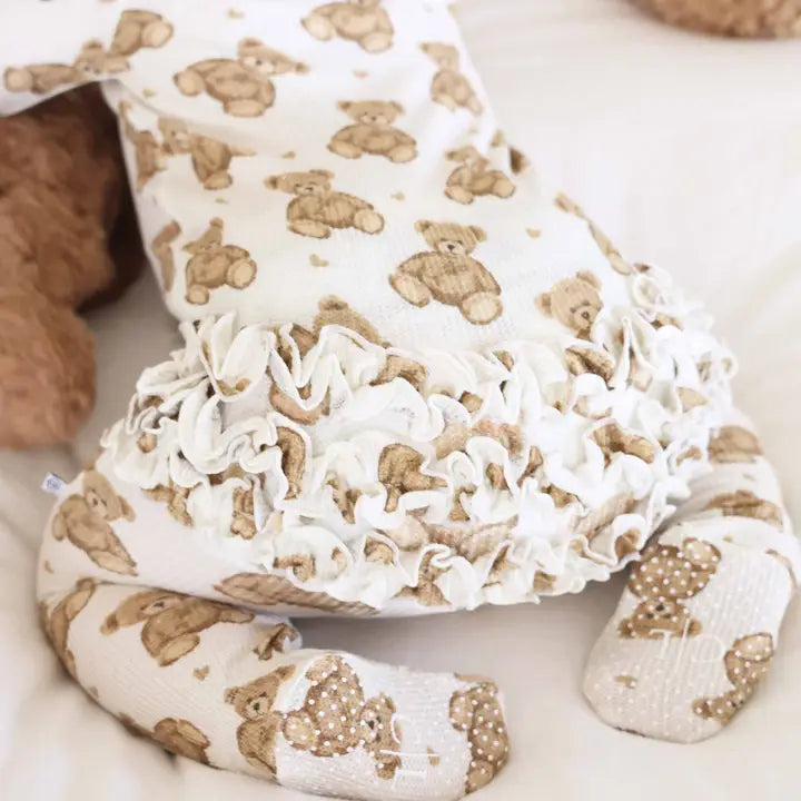 Beary Sweet  Bamboo Waffle Zipper Ruffle Footie
