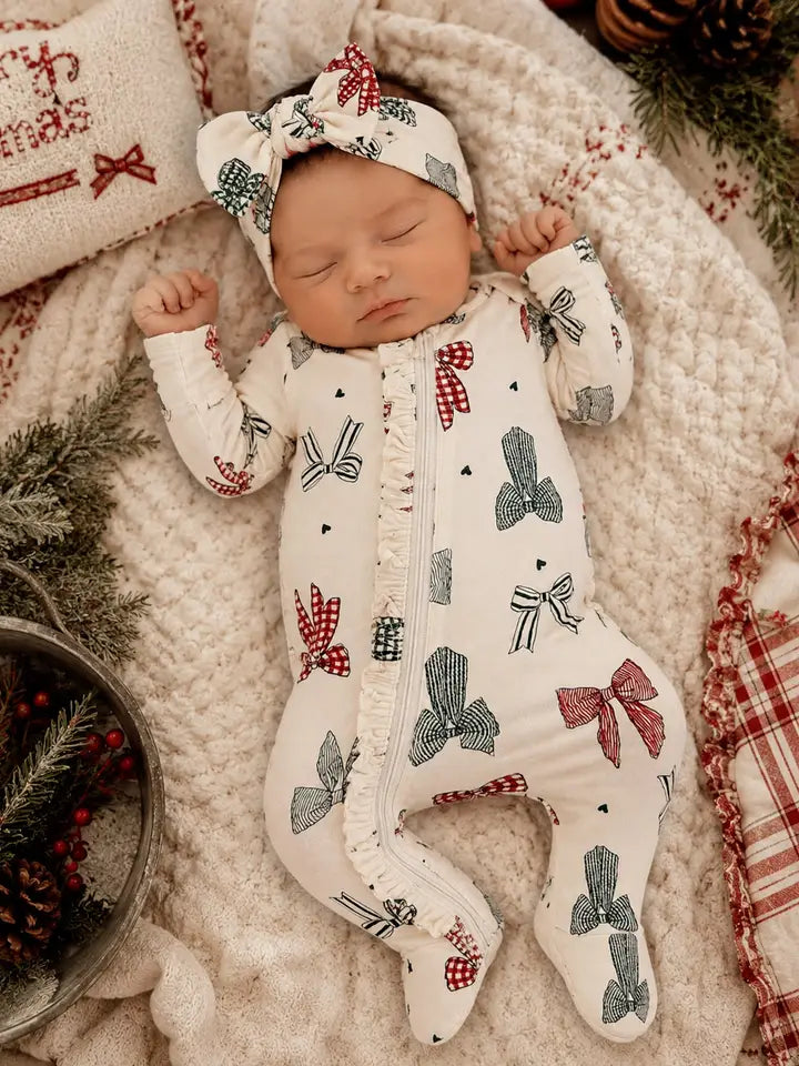 2 Way Zip Romper Footie Country Christmas Bows