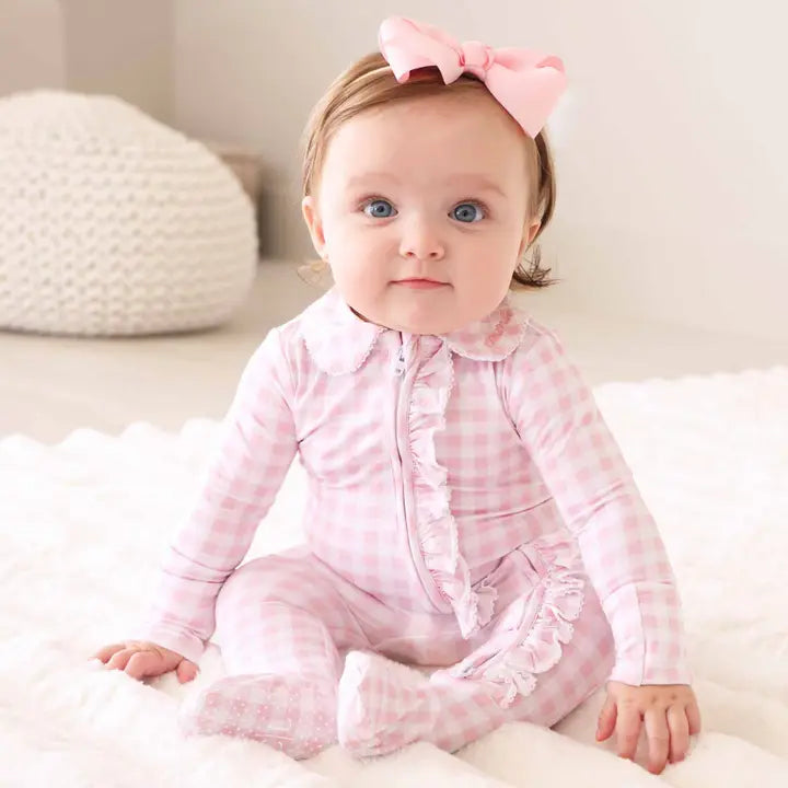 Peter Pan Rosy Gingham Collar Ruffle Zipper Footie