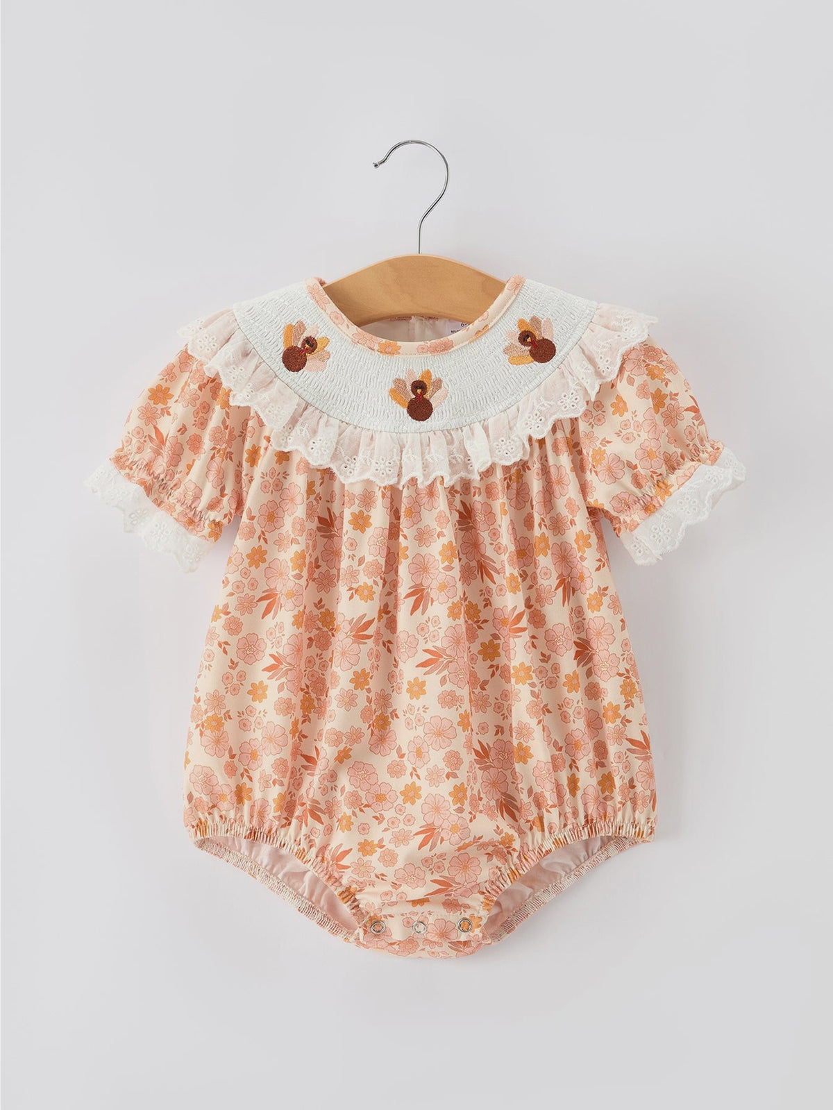 Thanksgiving Turkey Floral Lace Bubble Girls Romper